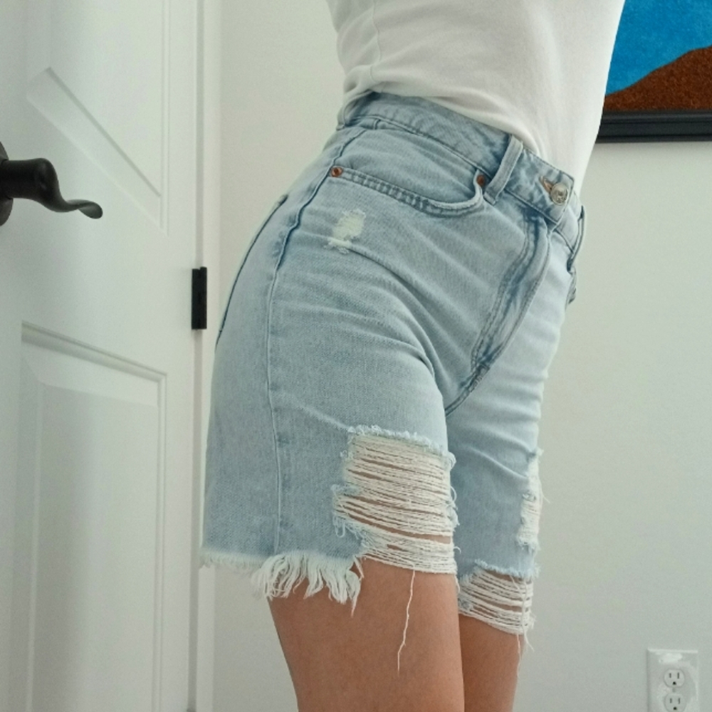 Blue Distressed Denim High Waisted Shorts